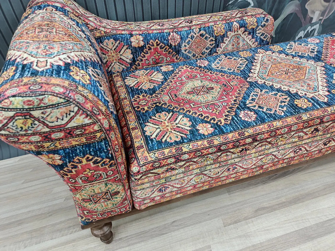 Oriental Motif Chaise Lounge Bed | Orange Blue Classic Settee