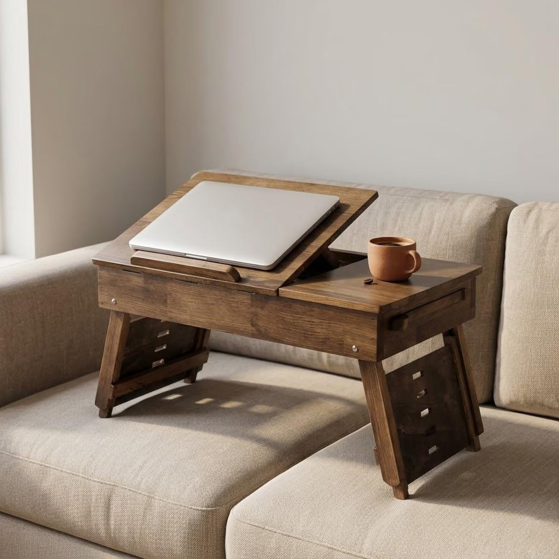 Lap Desk, Adjustable Wooden with Drawers, Portable Bed Reading Table, Ergonomic Laptop Stand, Wood