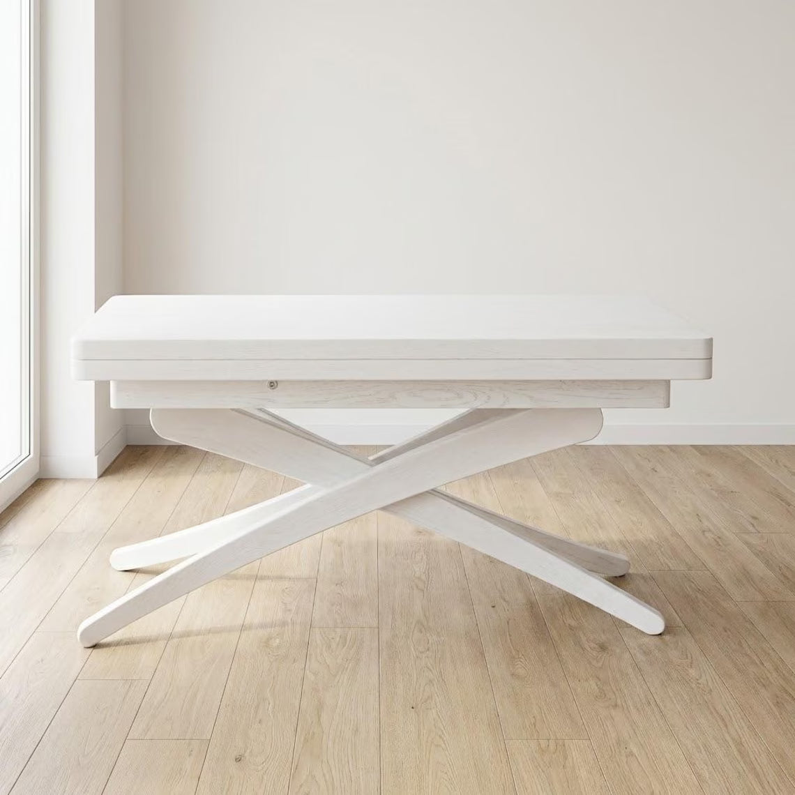 Solid Beech Wood Dining Table, Adjustable Height, Lift-Top (Expandable Size)