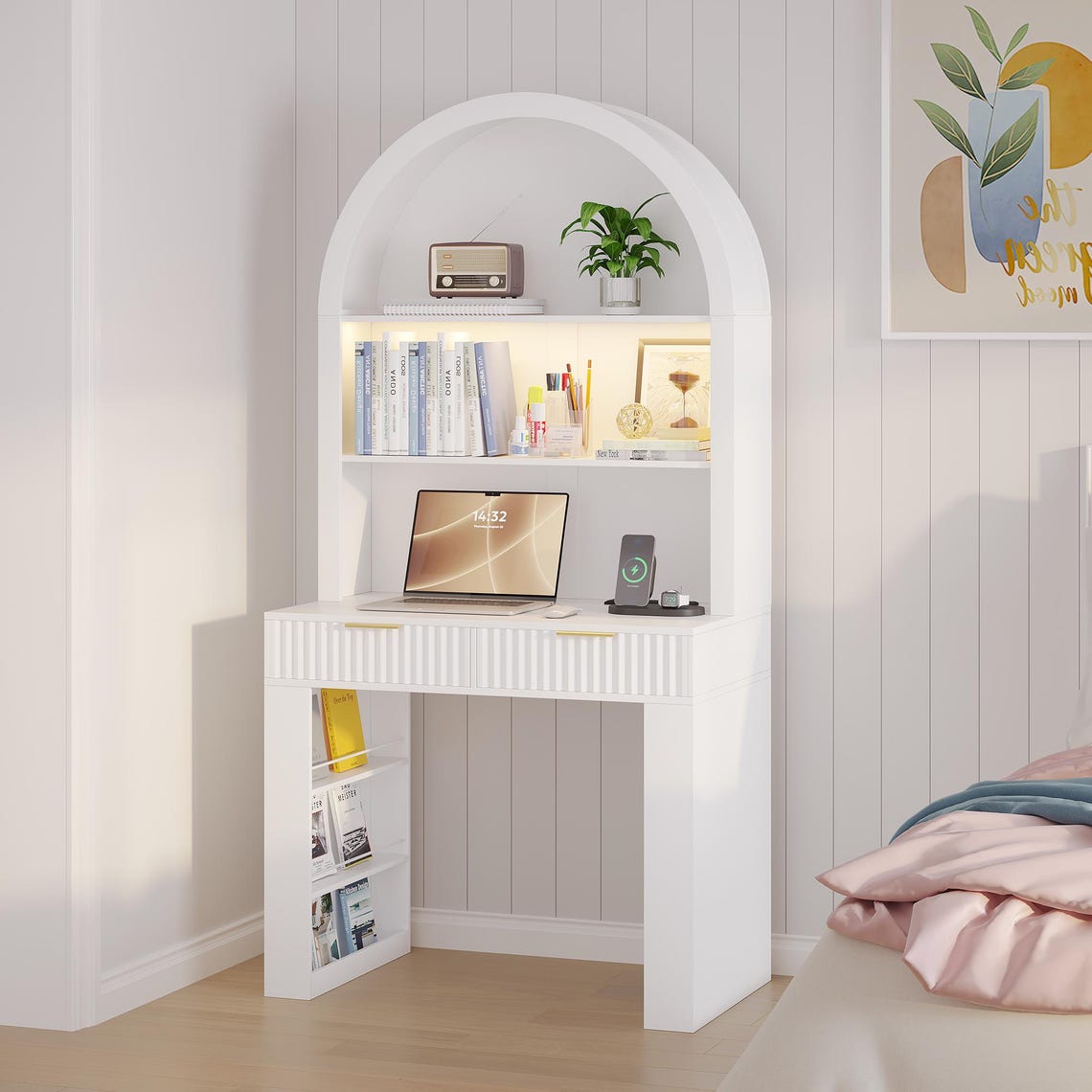 Arched Home Office Desk with Hutch, LED Lights & Charging Station - MDF Wood
