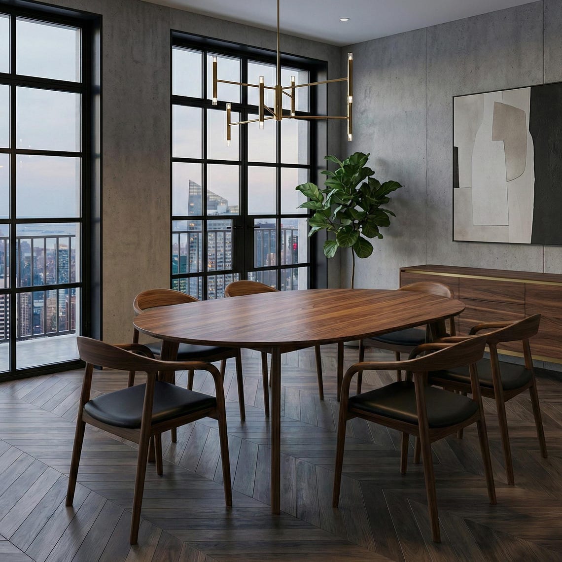 Walnut Dining Chairs Black Leather Cushion Mid Century Modern Office & Living Room Seating