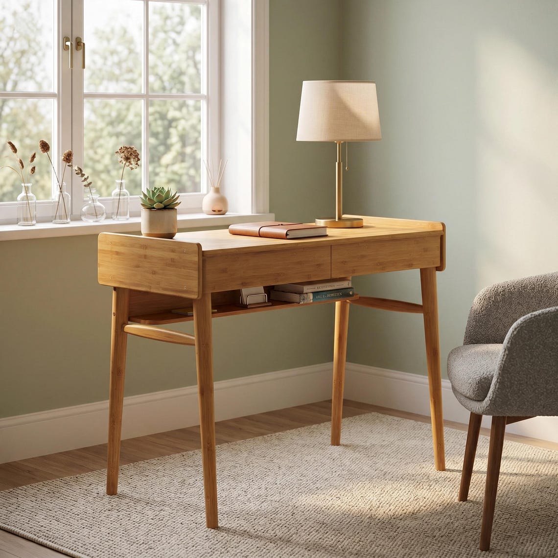 Mid-Century Modern Bamboo Computer Desk with Storage & Cable Management