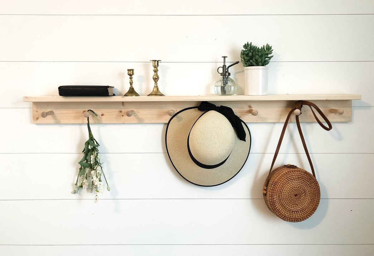 Handcrafted Pine Wood Peg Shelf: Rustic Entryway Organizer