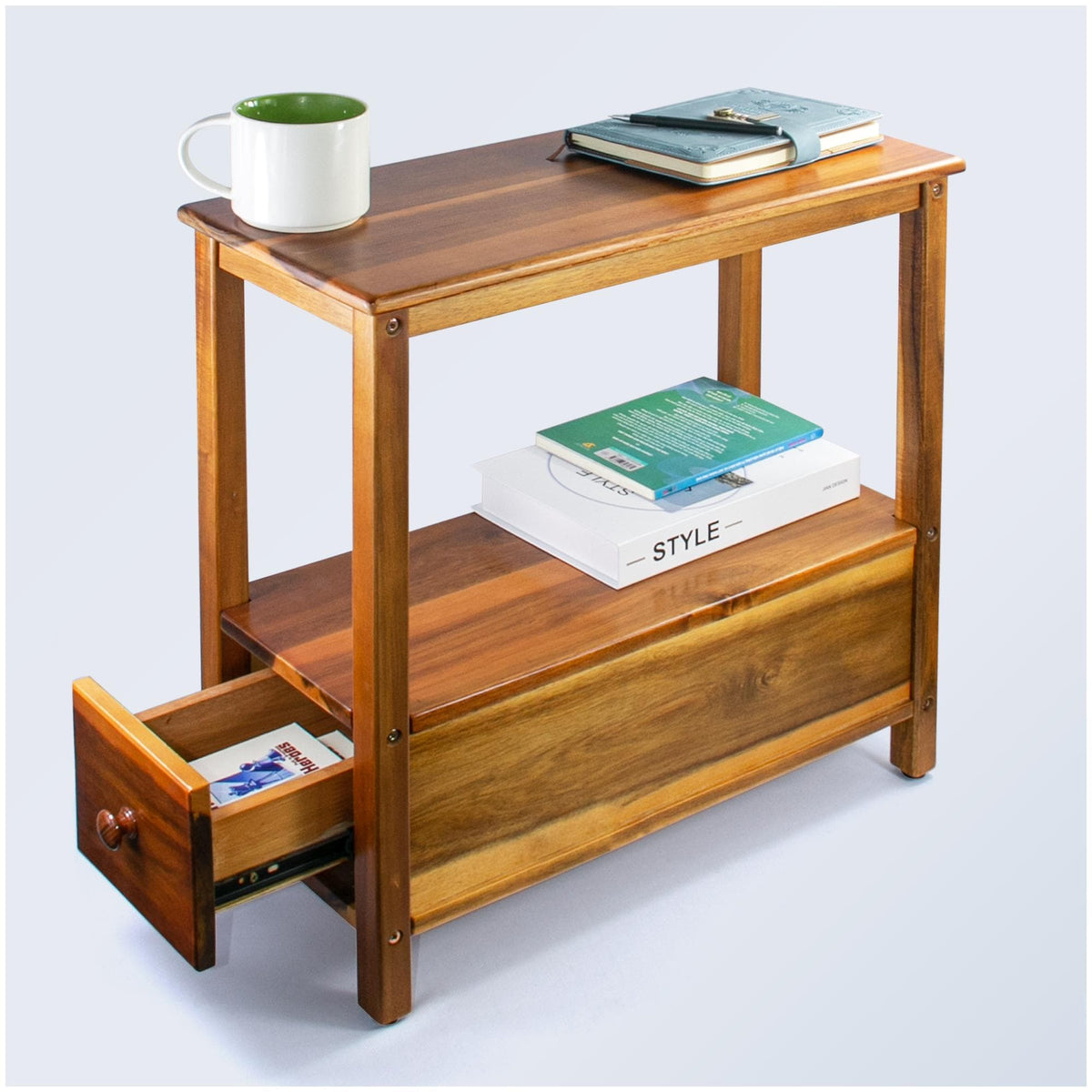 Narrow Acacia Wood End Table with Drawer & Open Shelf