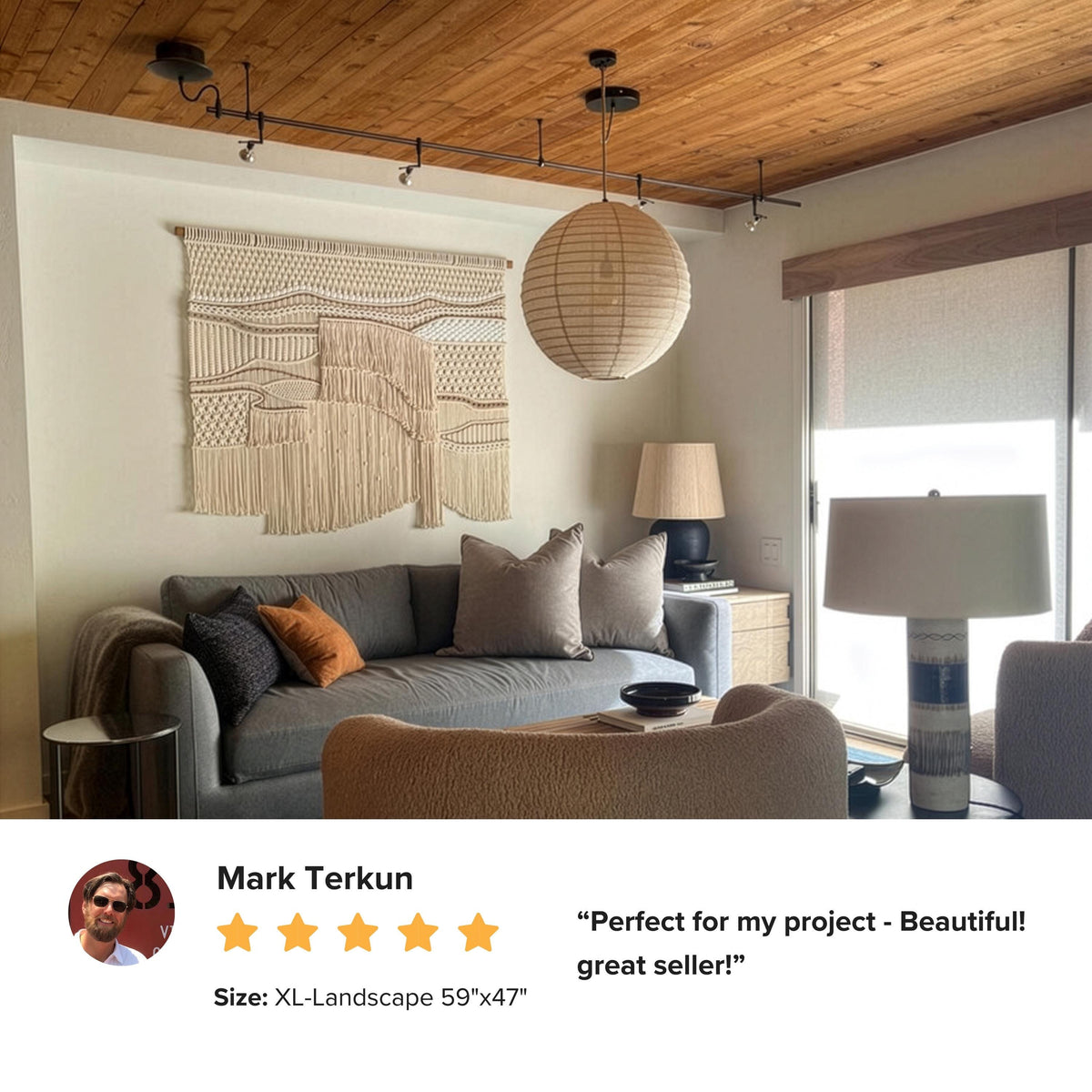 Extra Large Neutral Macrame Wall Art – Handmade Woven Tapestry with Teak Wood Bar, Textured Bohemian Wall Decor for Bedroom or Living Room