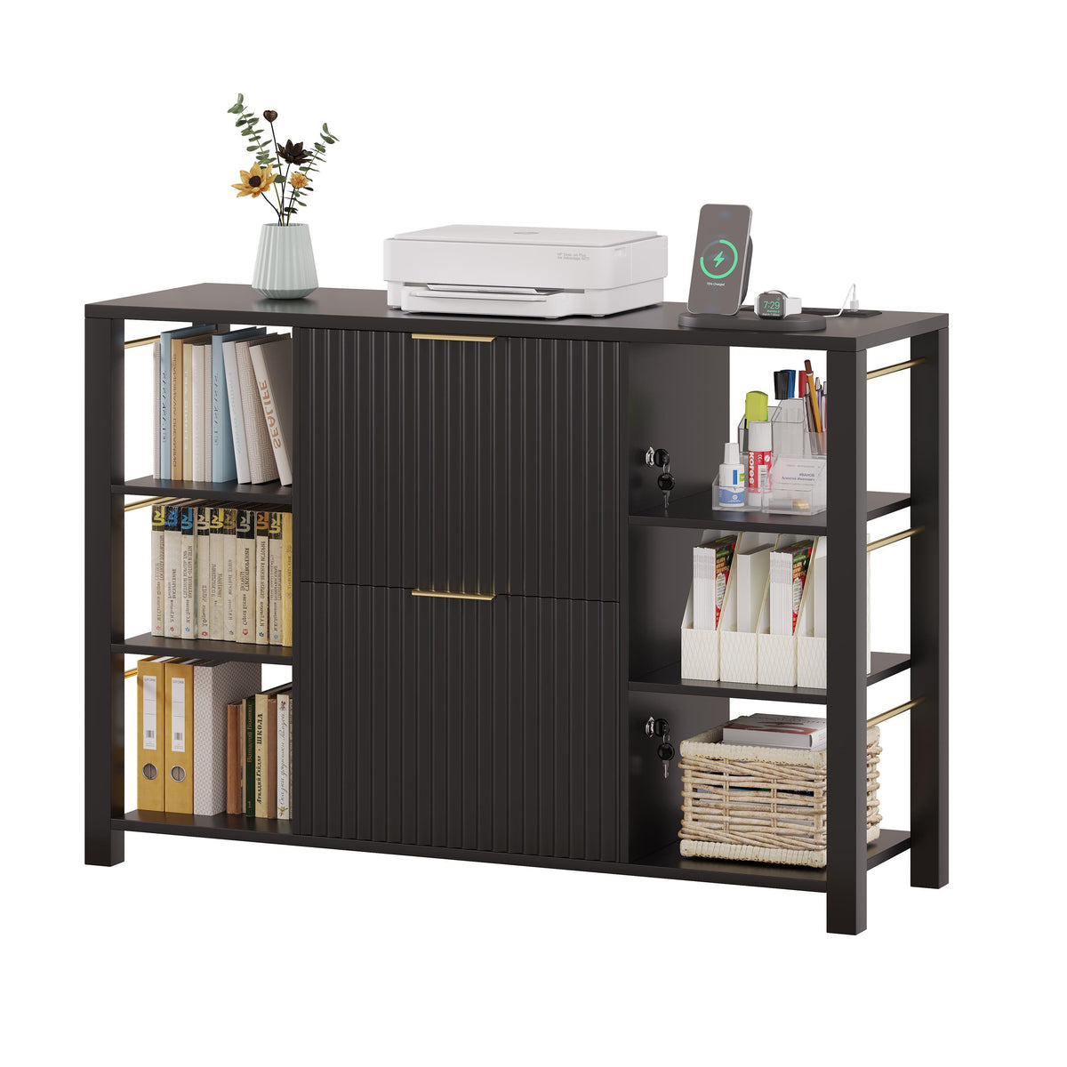 Fluted Home Office File Cabinet with Charging Station & Locks