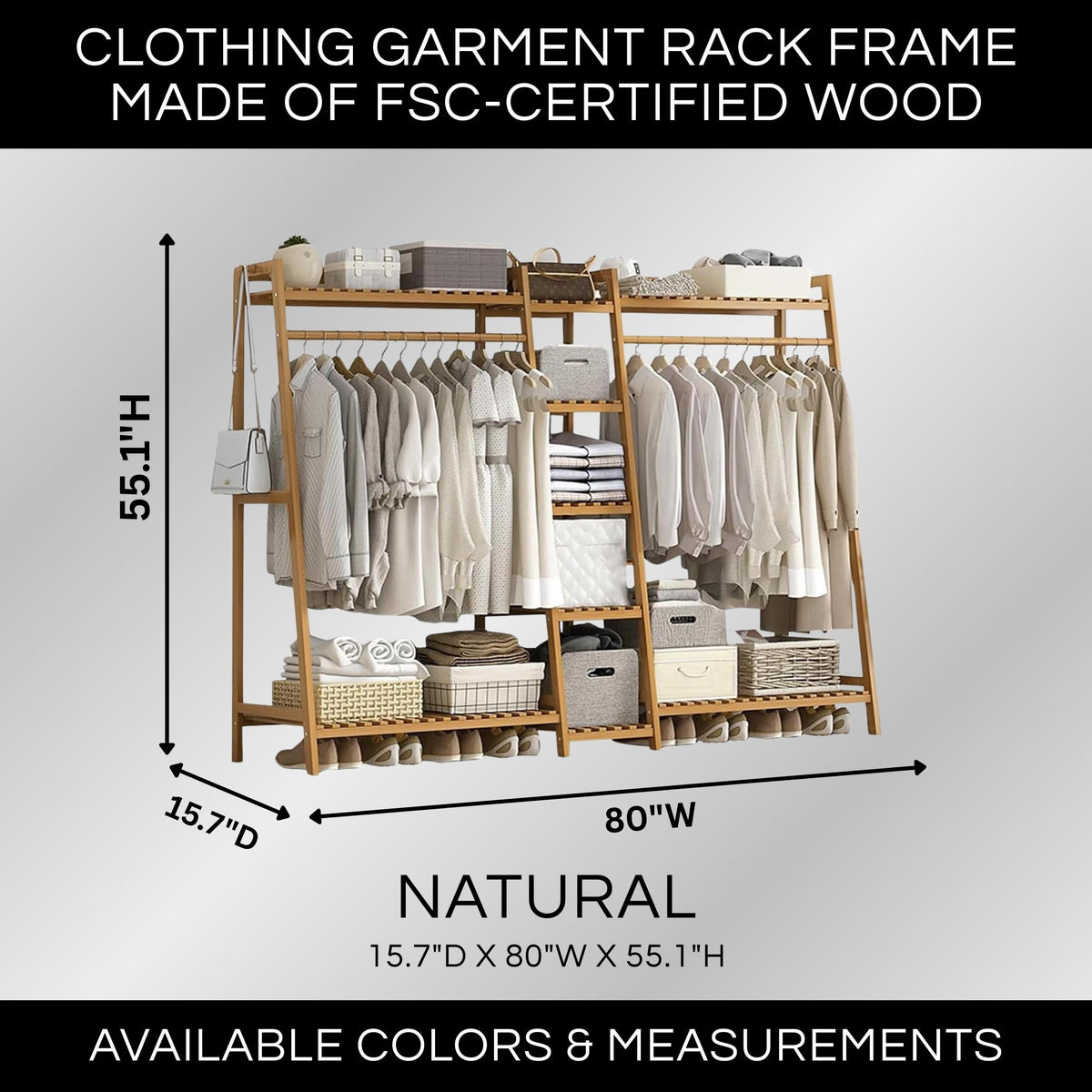 Bamboo Garment Rack with 9-Tier Shelves, Clothes Storage, Shoe Organizer