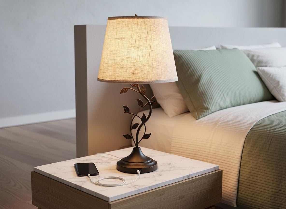 Vintage Leaf Branch Table Lamp with Beige Linen Shade & USB Ports