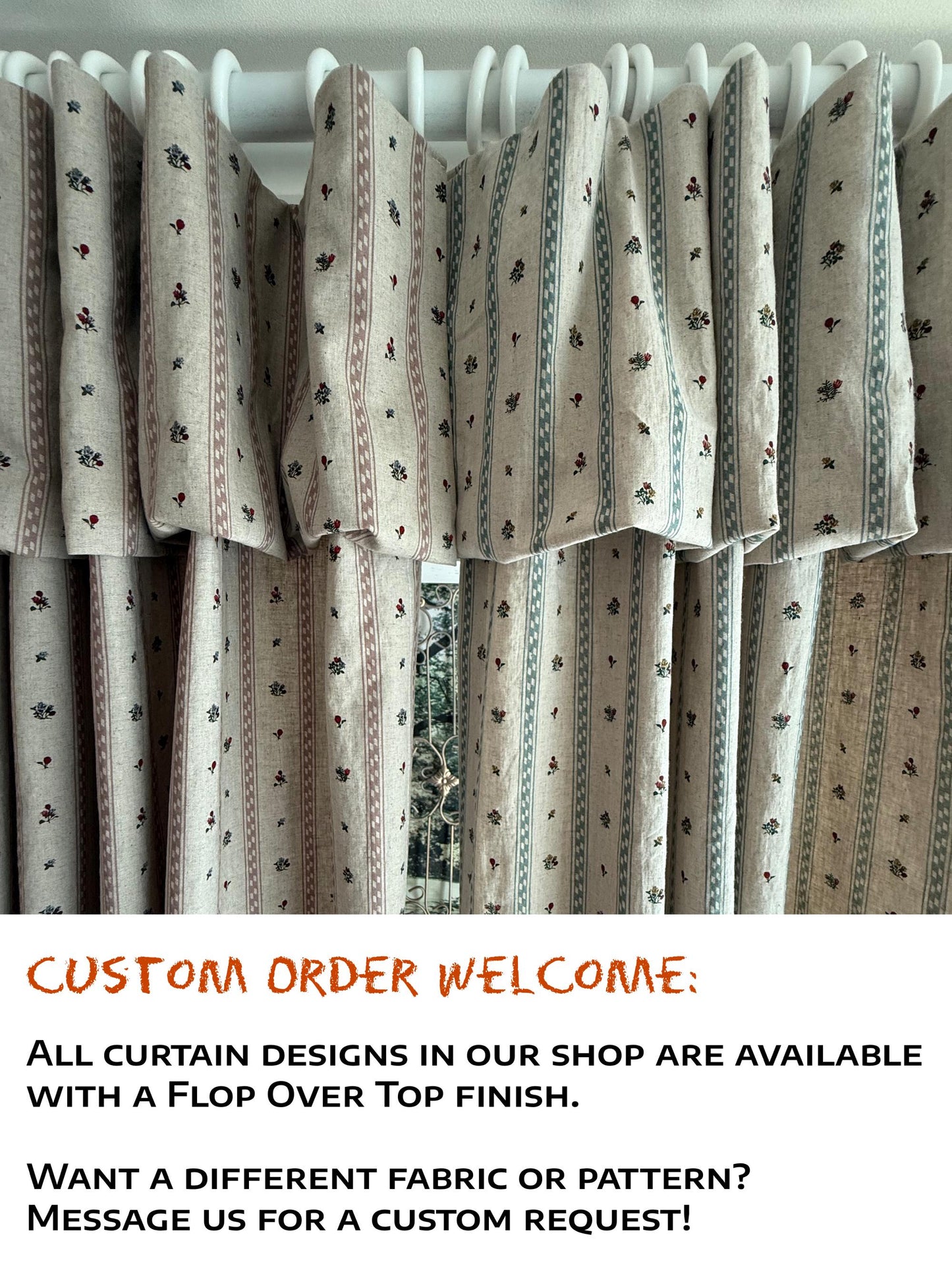 Flop Over Linen Cotton Curtains, French Country Floral Stripe Drapes Set of 2