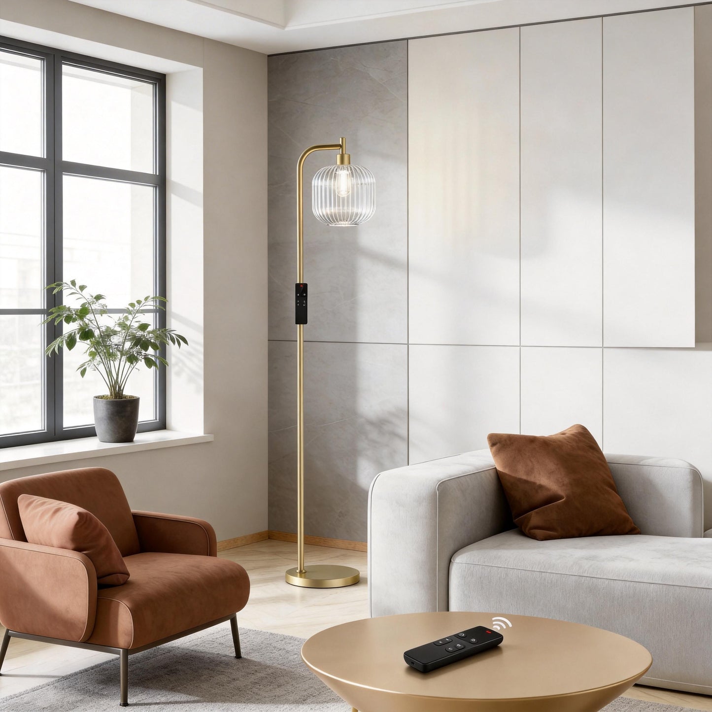 Ribbed Glass Floor Lamp with Remote Control & Dimmable LED