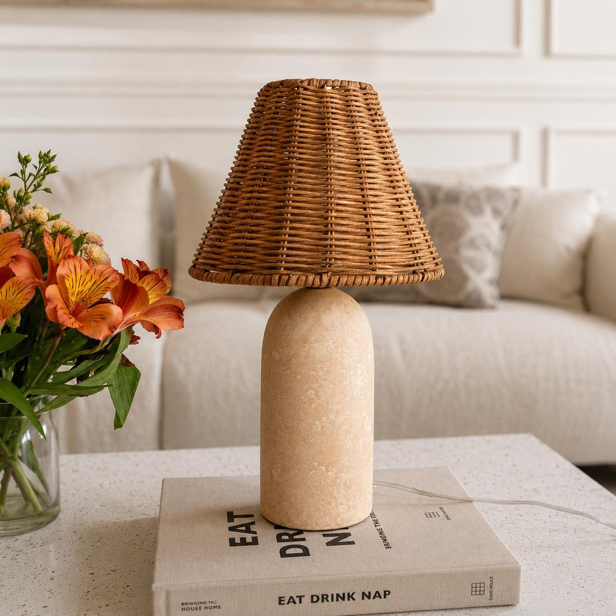 Small Ceramic Table Lamp with Rattan Wicker Shade & Dimmable Light