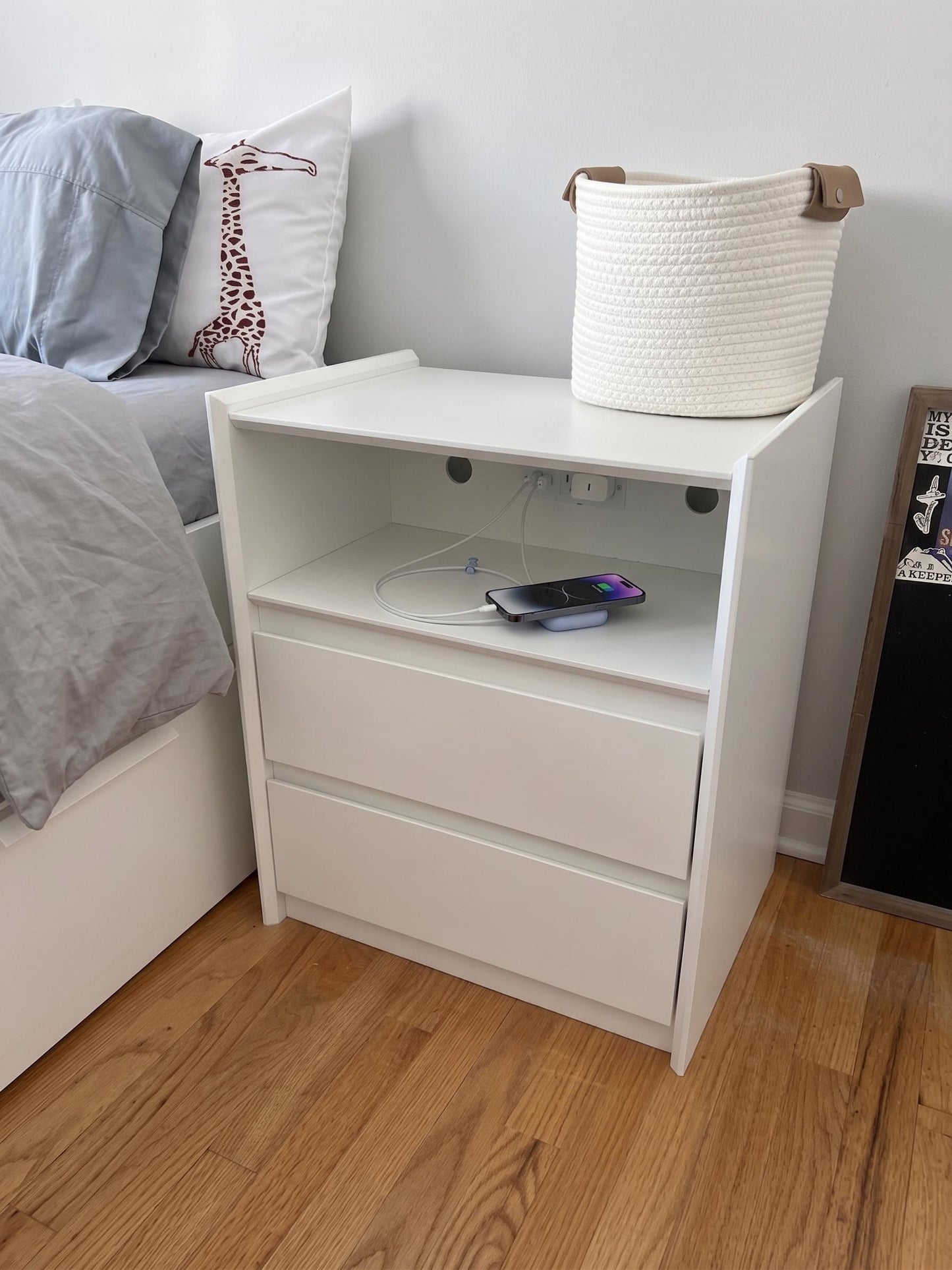White Nightstand with Charging Station, 2 Drawers & Tray Top