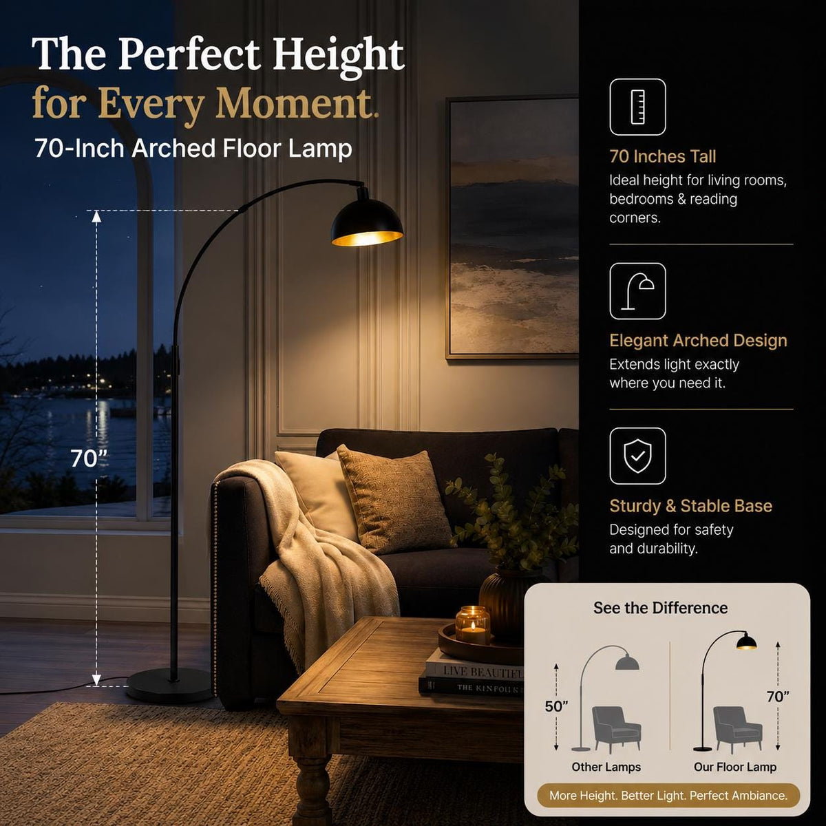 Dimmable Antique Brass Arc Floor Lamp – Banker’s Style Standing Lamp, Vintage Modern customizable Light