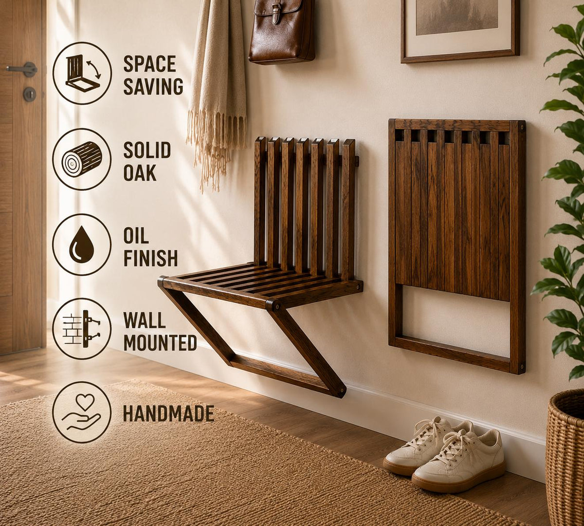 Folding Wall Chair in Solid Oak | Handmade Space Saving Furniture