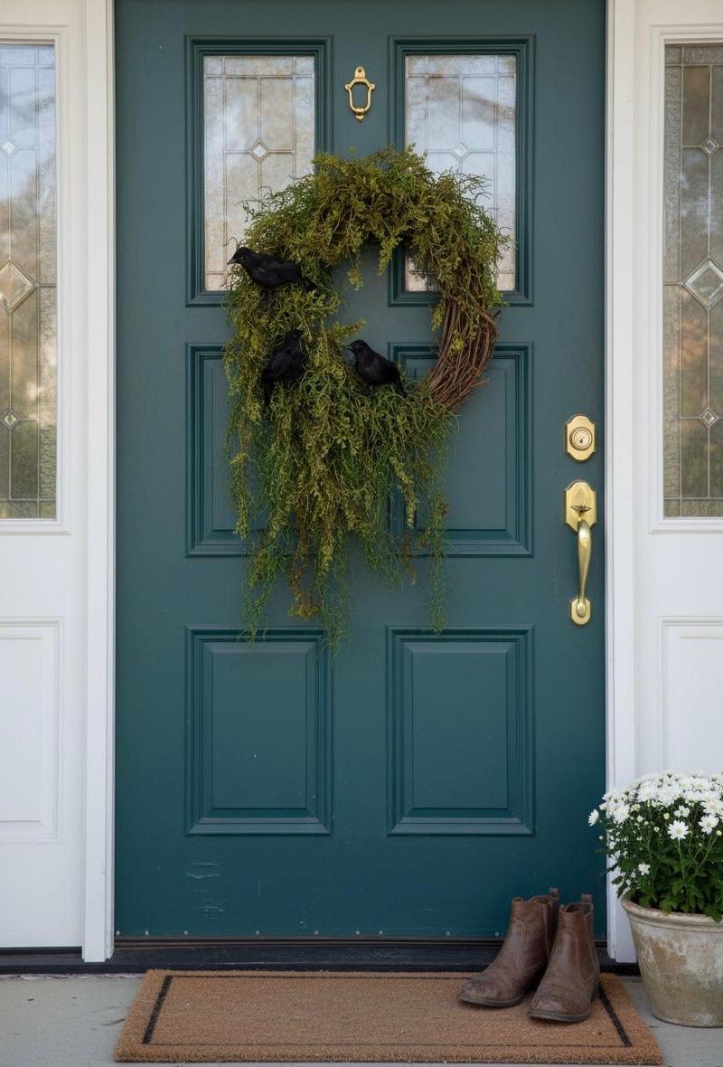 Halloween Enchanted Raven Wreath,Moody Spanish Moss Front Door Decor,Boho Fall Wreath,Eerie Halloween Mossy Wreath,Cottage Core Crow Wreath