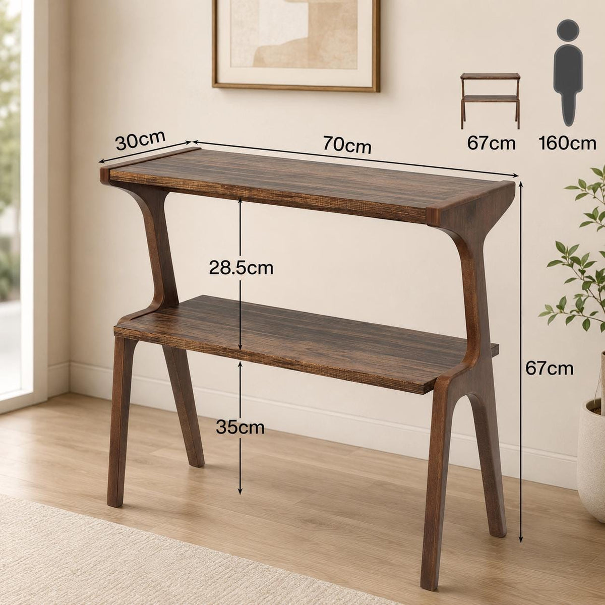 Solid Wood End Table, Rustic Brown Side Table with Storage Shelf, 2 Tier Narrow Nightstand, Wooden Sofa Side Table for Living Room Bedroom