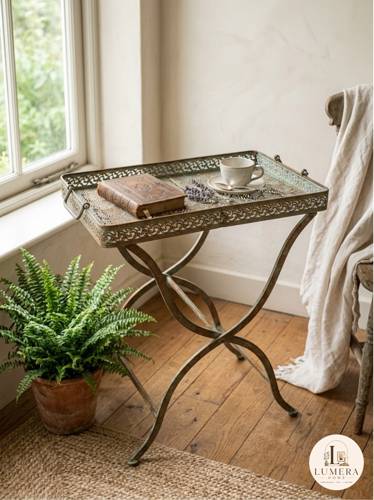 Green Patina Iron Garden Table – Floral Coffee Table, Home Decor