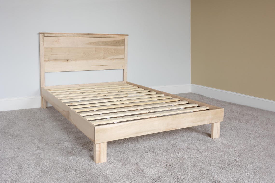 Solid Wood Bed Frame with Headboard | Amish Handcrafted | Easy Tool-Free Assembly | Maple Hardwood