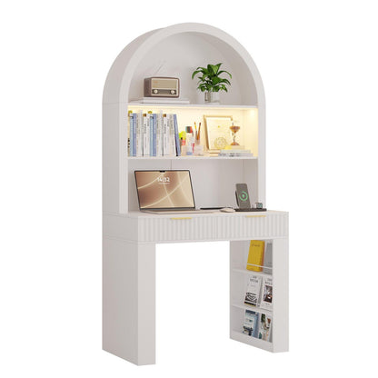 Arched Home Office Desk with Hutch, LED Lights & Charging Station - MDF Wood