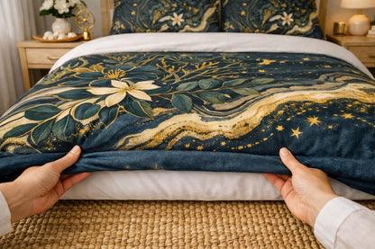 Celestial Botanical Duvet Cover Set – Dark Academia Navy Gold Bedding
