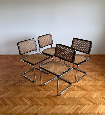 1 of 4 Vintage Cesca B32 Cantilaver Dining Chairs by Marcel Breuer for Thonet / Mid Century Rattan Cane Chair / Italy / 1970s