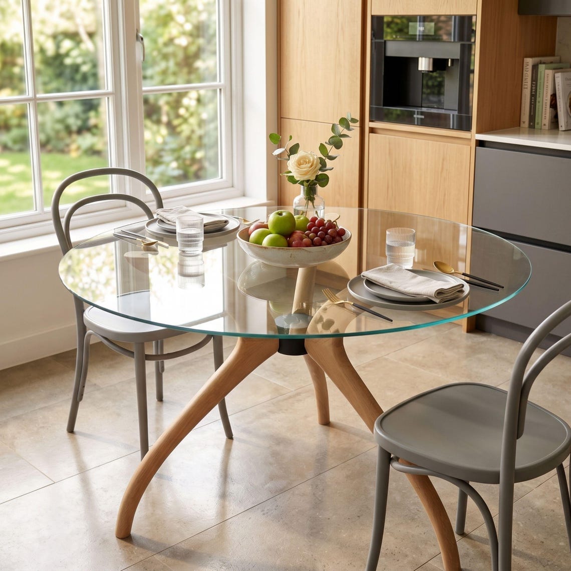 Glass Dining Table, Solid Wood Pedestal Leg Kitchen Table Base 3 or 4-Legged Legs Tables - Standart