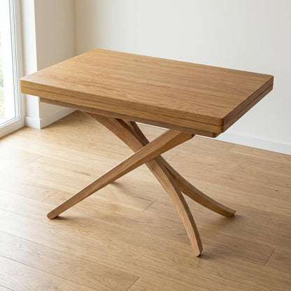 Solid Beech Wood Dining Table, Adjustable Height, Lift-Top (Expandable Size)