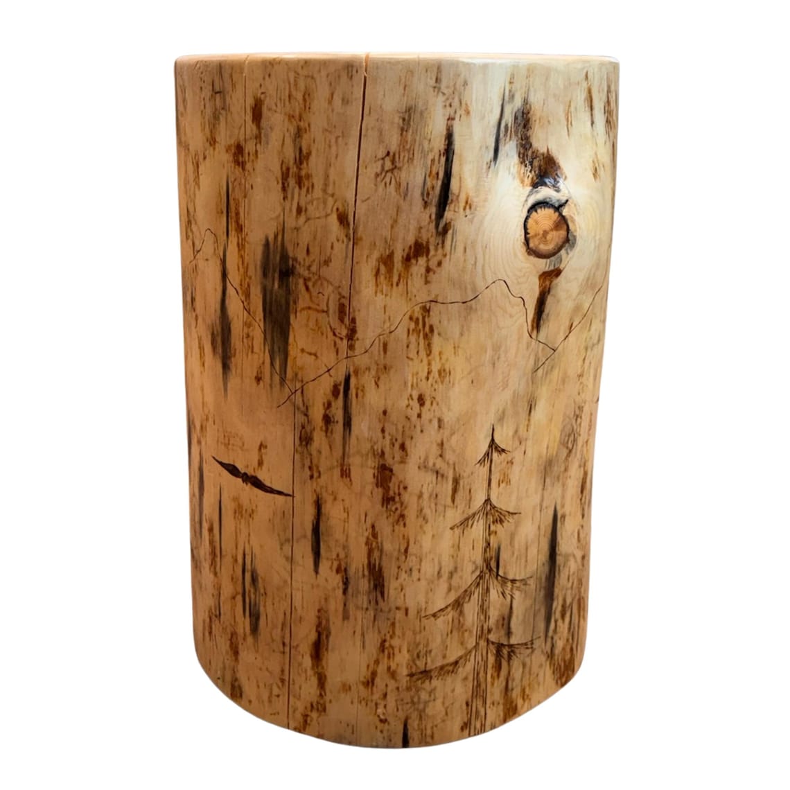 Woodland Scene Stump End Table, Hand-Burned Wood Plant Stand, Rustic Lodge Décor