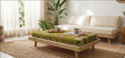 Green Moroccan Modular Bench & Coffee Table Geometric Kilim Fabric on Rustic Natural Wood Base with Cylindrical Legs more color choose