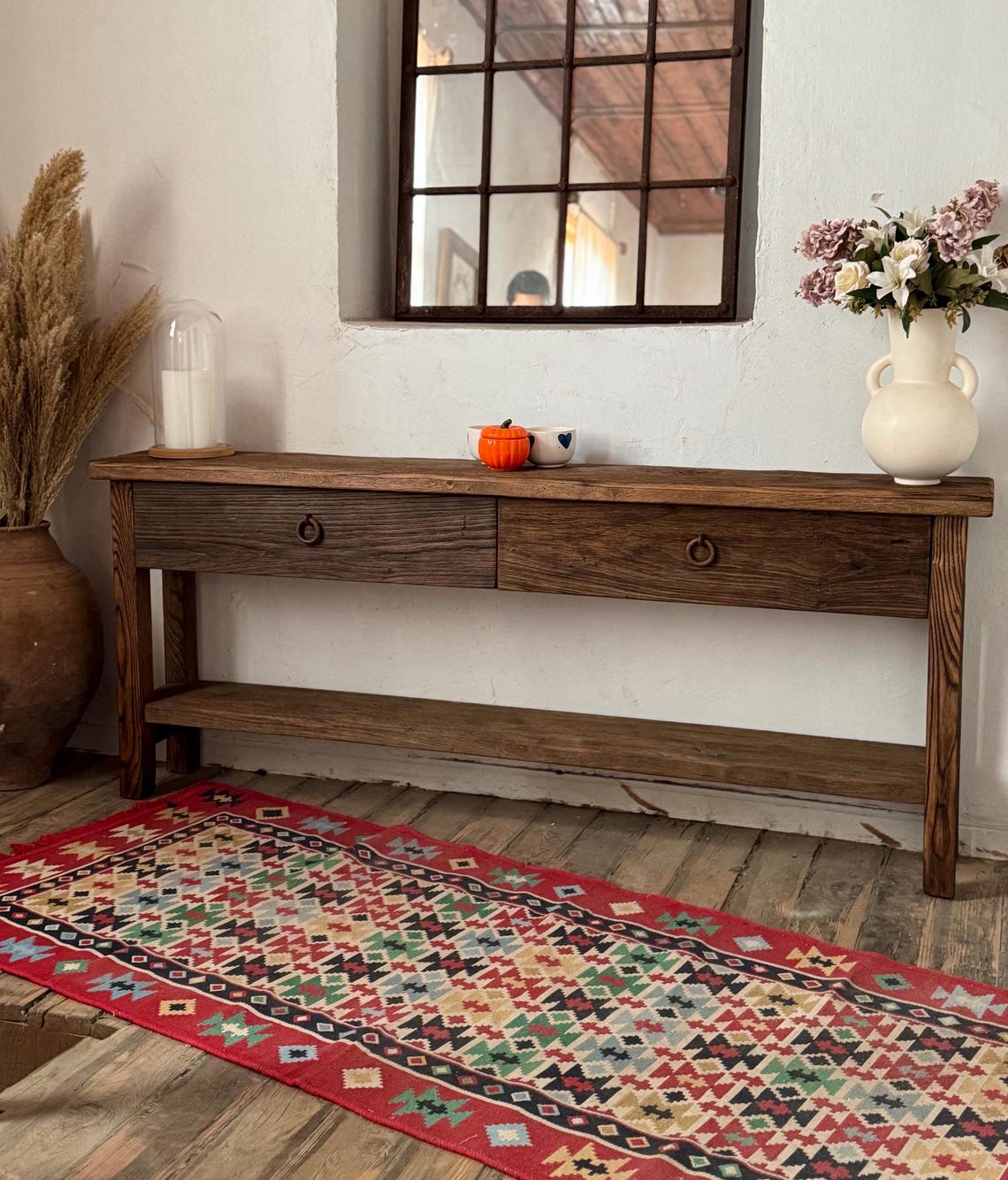 Reclaimed Oak Wood Narrow Console Table: Rustic Entryway Furniture