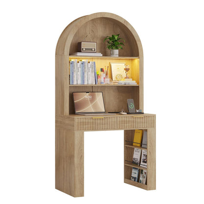 Arched Home Office Desk with Hutch, LED Lights & Charging Station - MDF Wood