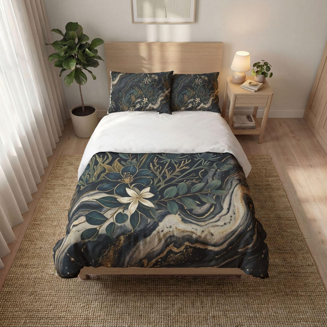 Celestial Botanical Duvet Cover Set – Dark Academia Navy Gold Bedding