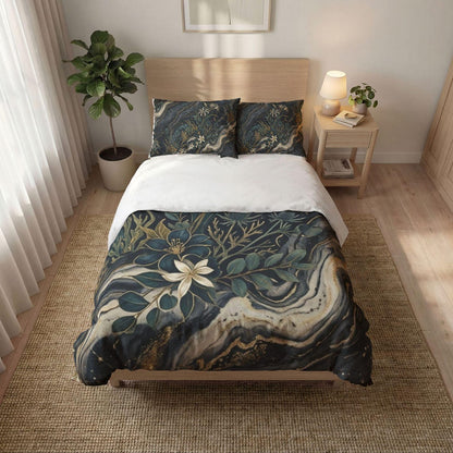 Celestial Botanical Duvet Cover Set – Dark Academia Navy Gold Bedding