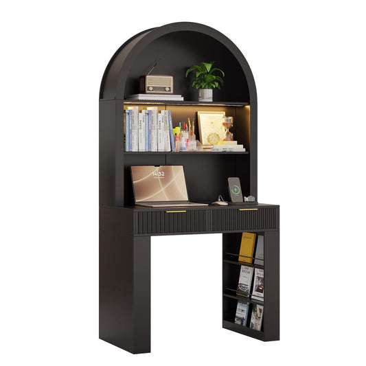 Arched Home Office Desk with Hutch, LED Lights & Charging Station - MDF Wood