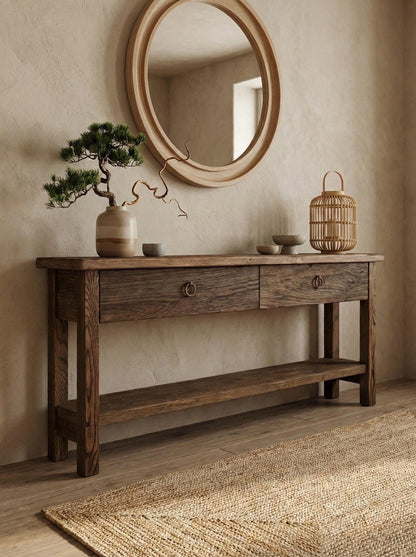 Reclaimed Oak Wood Narrow Console Table: Rustic Entryway Furniture