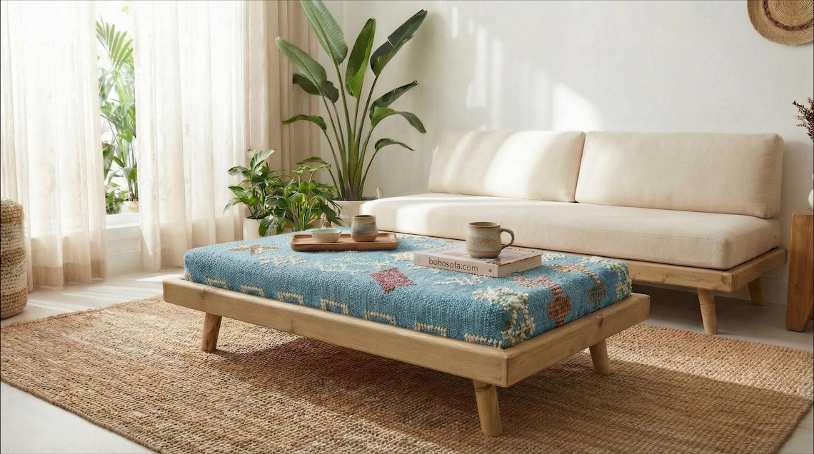 Green Moroccan Modular Bench & Coffee Table Geometric Kilim Fabric on Rustic Natural Wood Base with Cylindrical Legs more color choose