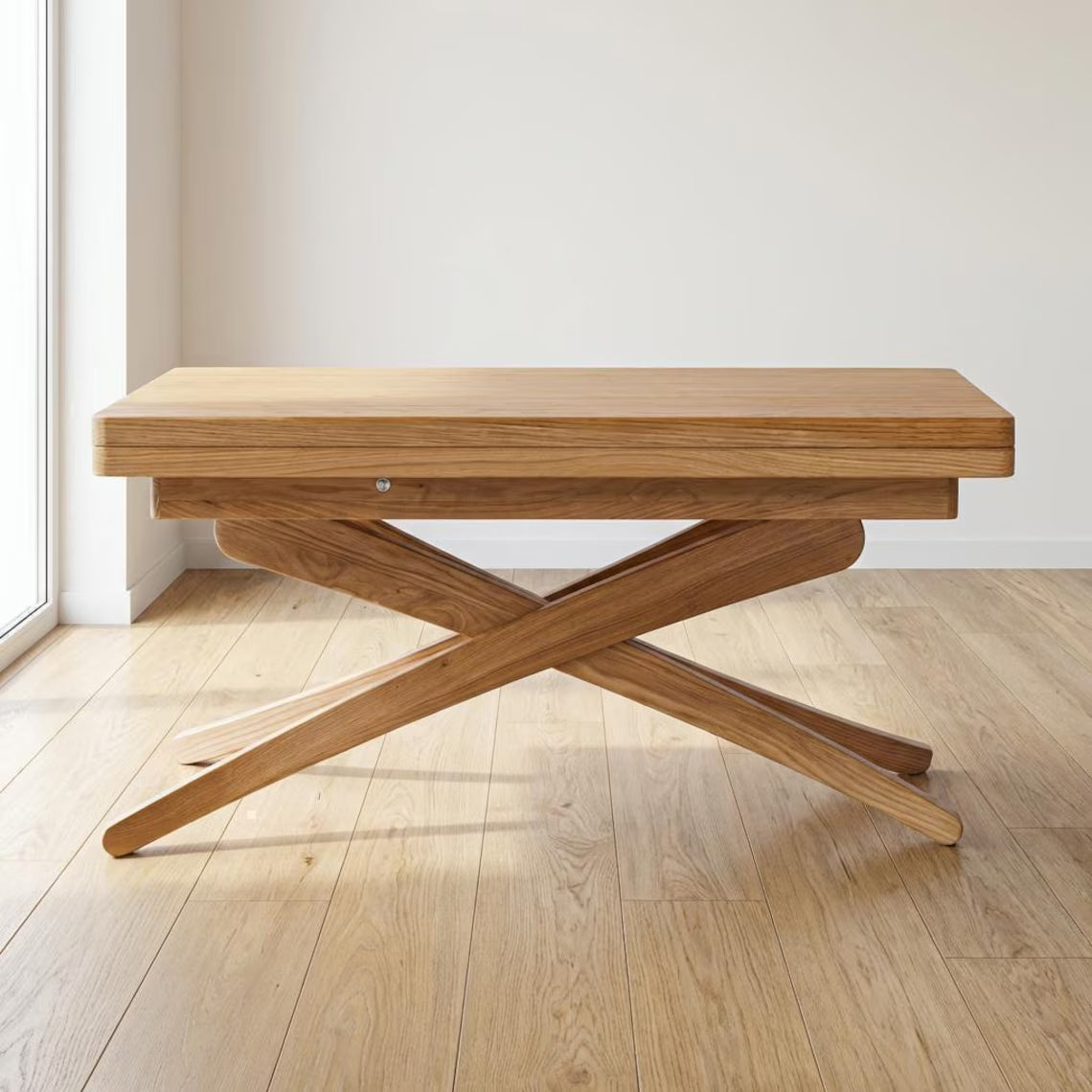 Solid Beech Wood Dining Table, Adjustable Height, Lift-Top (Expandable Size)