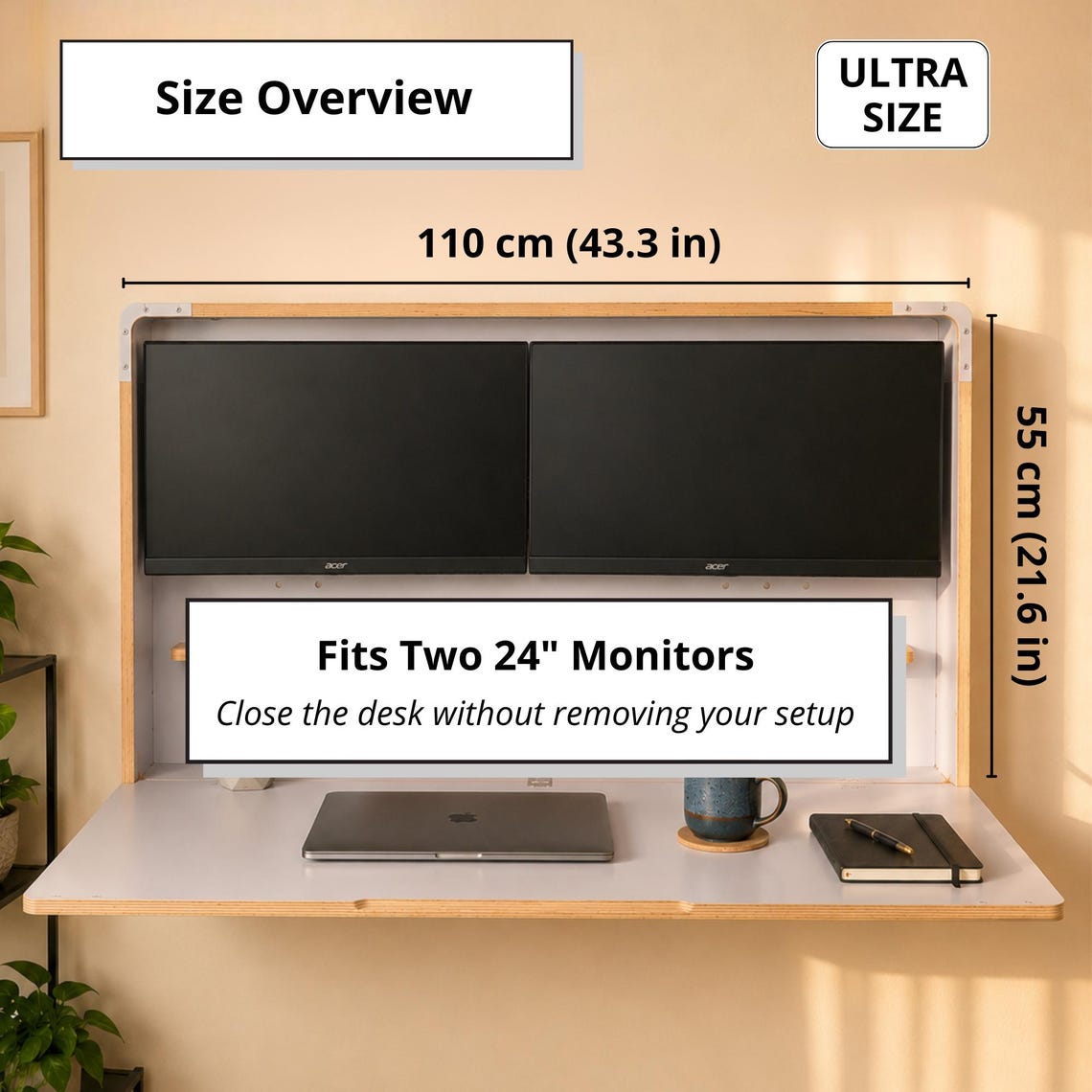 Murphy Dual Monitor Desk – Wall Mounted Fold Down Workstation for Home Office
