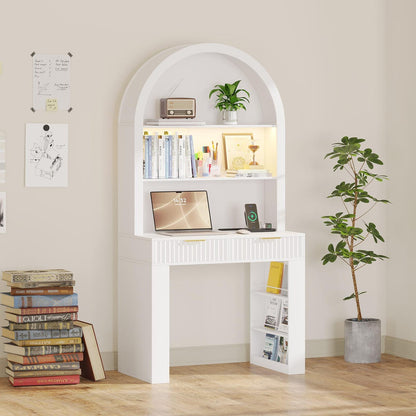 Arched Home Office Desk with Hutch, LED Lights & Charging Station - MDF Wood