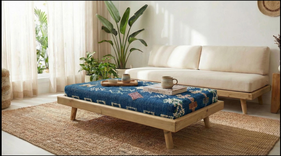 Green Moroccan Modular Bench & Coffee Table Geometric Kilim Fabric on Rustic Natural Wood Base with Cylindrical Legs more color choose