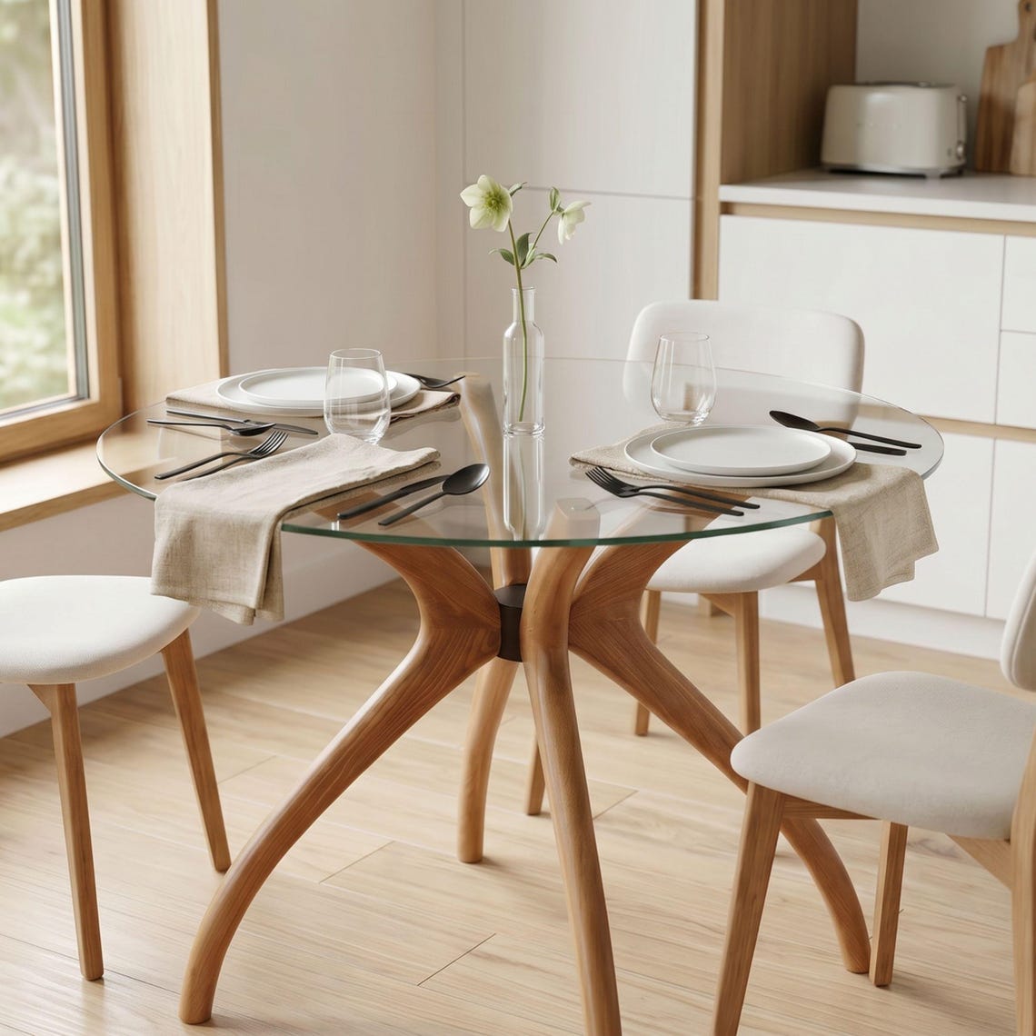Glass Dining Table, Solid Wood Pedestal Leg Kitchen Table Base 3 or 4-Legged Legs Tables - Standart