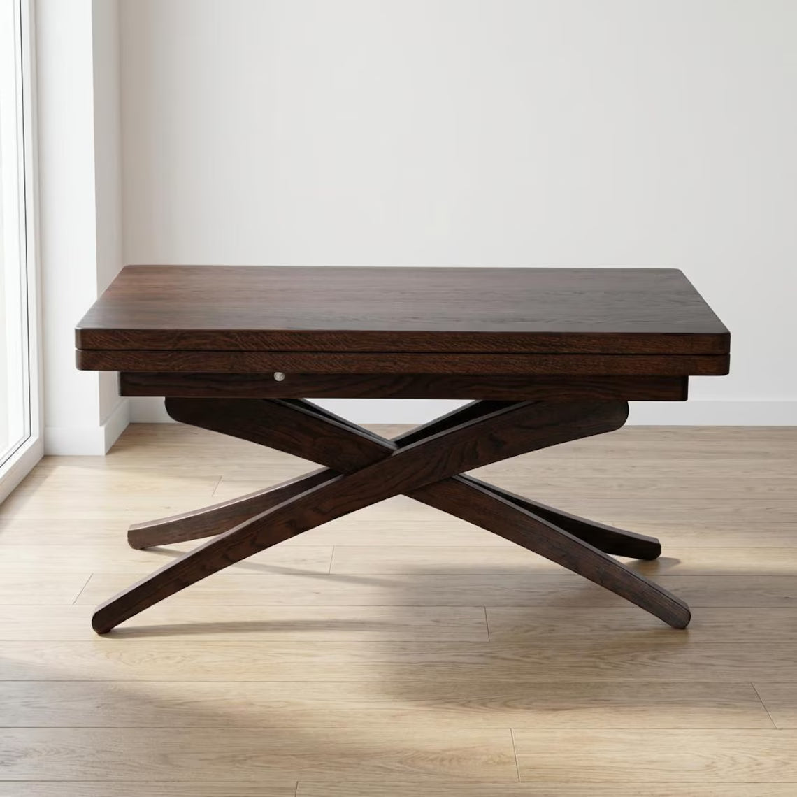 Solid Beech Wood Dining Table, Adjustable Height, Lift-Top (Expandable Size)