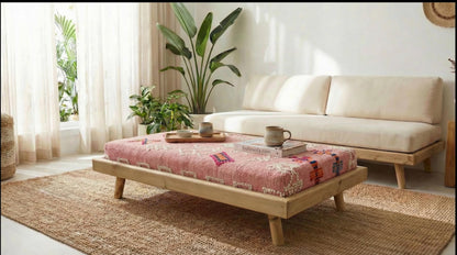 Green Moroccan Modular Bench & Coffee Table Geometric Kilim Fabric on Rustic Natural Wood Base with Cylindrical Legs more color choose