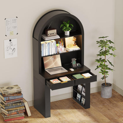 Arched Home Office Desk with Hutch, LED Lights & Charging Station - MDF Wood