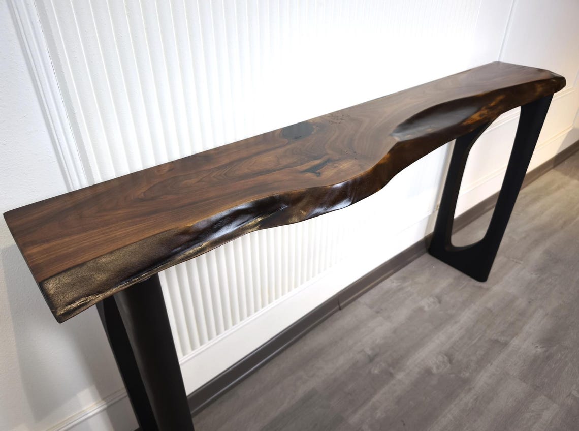 Solid Wood Narrow Console Table, Metal Leg Table, Handmade Furniture, Entryway Hall Table,Live Edge Table (Thichkness 1.6 inch- 4 cm)