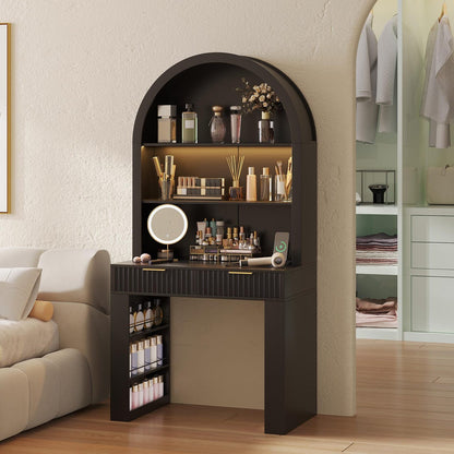 Arched Home Office Desk with Hutch, LED Lights & Charging Station - MDF Wood