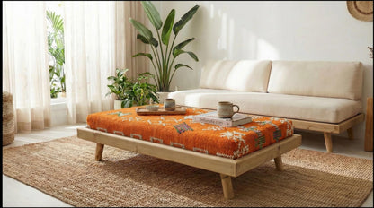 Green Moroccan Modular Bench & Coffee Table Geometric Kilim Fabric on Rustic Natural Wood Base with Cylindrical Legs more color choose