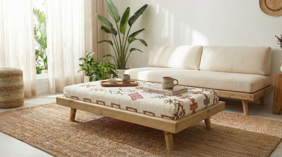 Green Moroccan Modular Bench & Coffee Table Geometric Kilim Fabric on Rustic Natural Wood Base with Cylindrical Legs more color choose
