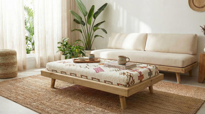 Green Moroccan Modular Bench & Coffee Table Geometric Kilim Fabric on Rustic Natural Wood Base with Cylindrical Legs more color choose