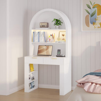 Arched Home Office Desk with Hutch, LED Lights & Charging Station - MDF Wood